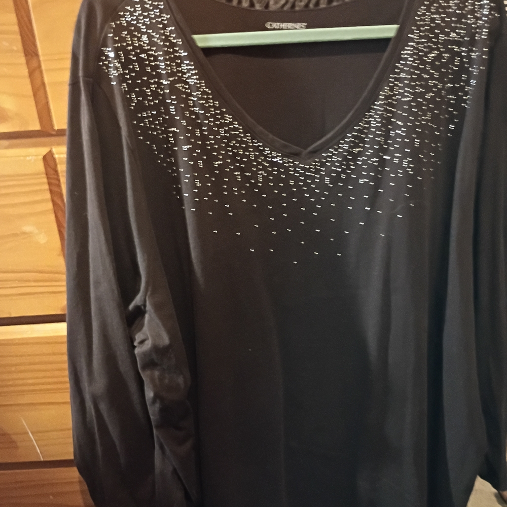 Catherines Black V-Neck Sweatshirt with Rhinestone Detail